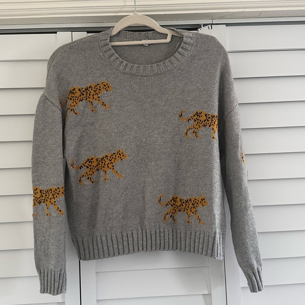 Rails Cashmere Cotton Gray Sweater with Leopard Accents